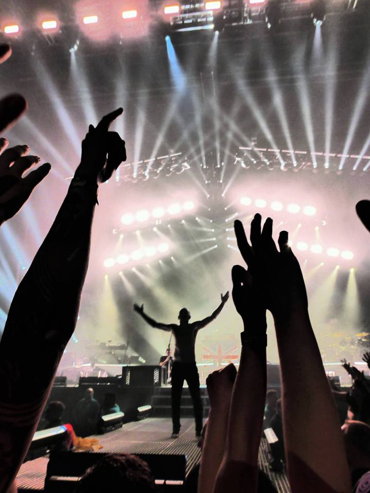 Chester on stage, hands held high, silhouetted against the stage background and lighting. Fans silhouetted arms and hands frame the foreground.