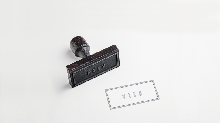 A plain black 'visa' stamp on white paper, with the stamper lying next to it.